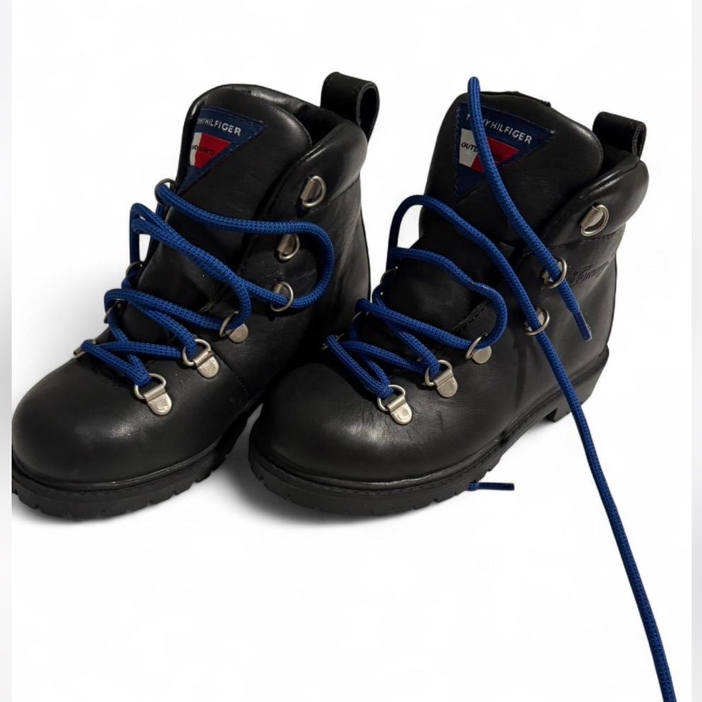 RARE Tommy Hilfiger Black Real Leather Chunky Boots with Blue Laces